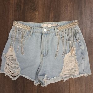 Light Blue Distressed Jean Shorts with Gold Accents